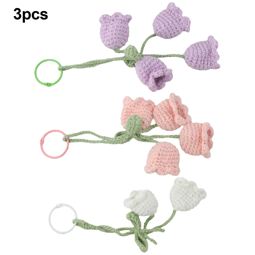  3PCS Cute Lily Of The Valley Car Rearview Mirror Pendant Hand-crocheted Car Bellflower Hand Knitted Hanging Pendant