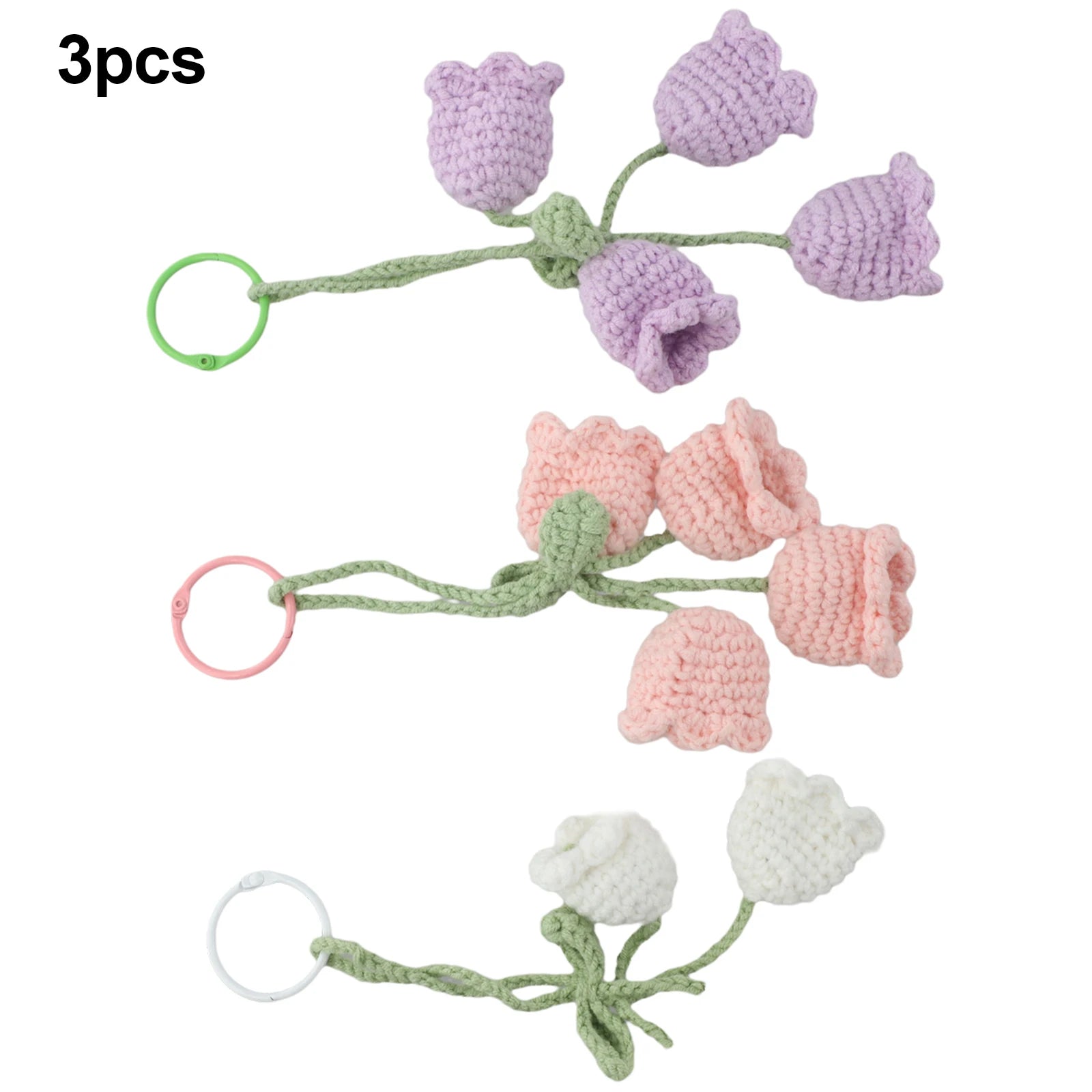  3PCS Cute Lily Of The Valley Car Rearview Mirror Pendant Hand-crocheted Car Bellflower Hand Knitted Hanging Pendant