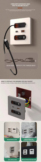 86-Type Wall Socket Panel with 20W USB-C PD & USB-A Ports | 80CM Retractable Cable for iPhone/Android Fast Charging