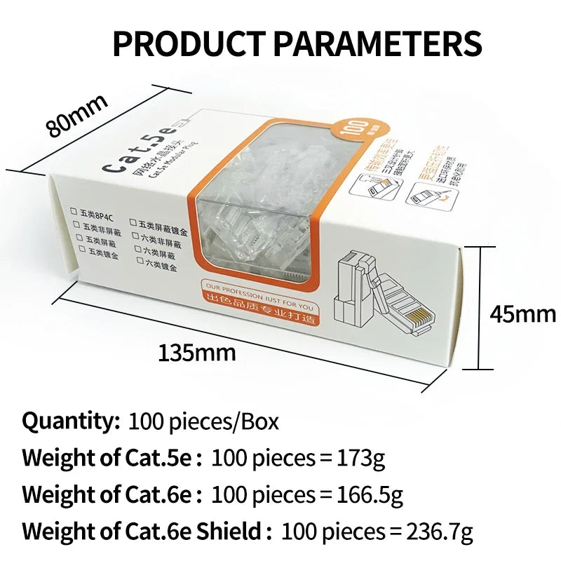 100Pcs Bulk Cat5e/Cat6 RJ45 Connectors Gold Plated for Gigabit Ethernet 100M/1000Mbps High-Speed Network Cable Plug