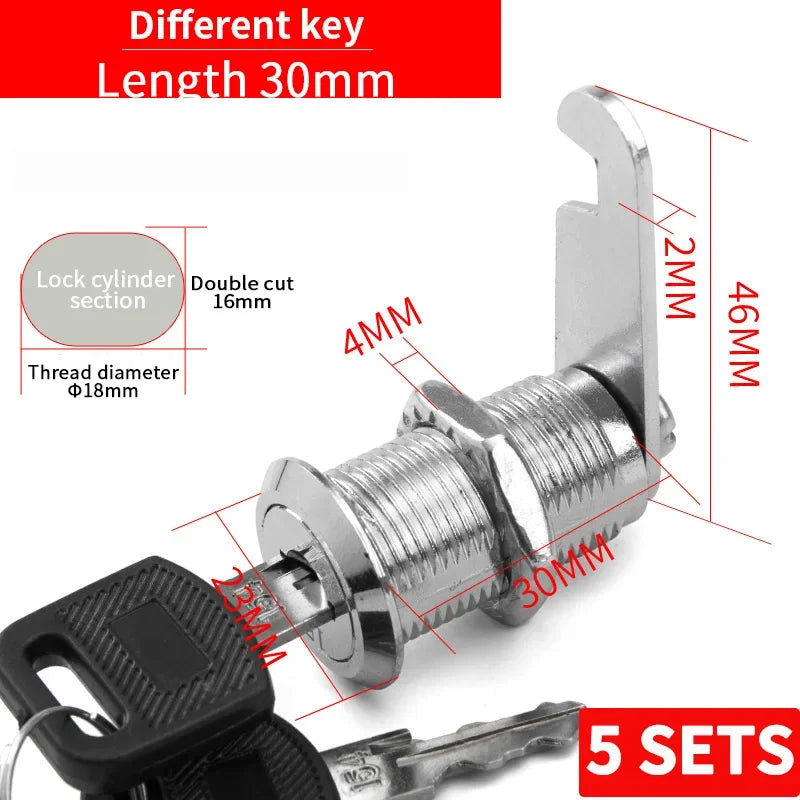 Cabinet Cam Lock Set, 5 Pack Two-Sided Keyed Alike 16MM-30MM Cylinder Cam Locks Secure Mailbox File Drawer Compartment Lock