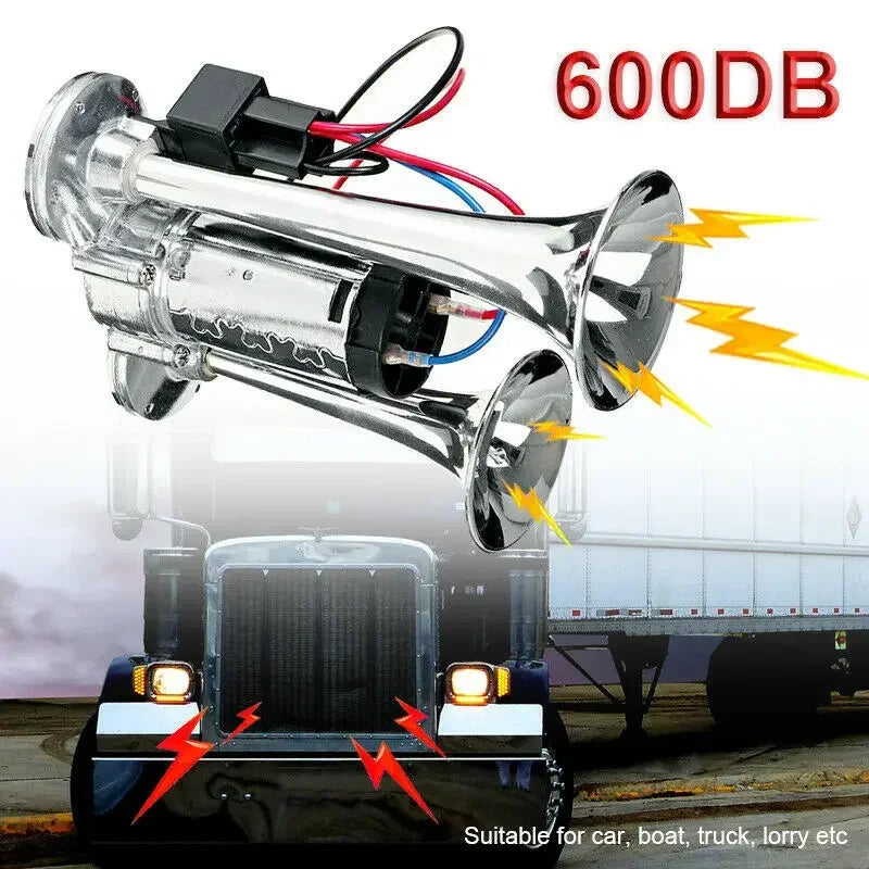 Super Loud 600DB Dual Trumpet Train Horns for Trucks 12V Stainless Steel Electric High Decibel Chrome Finished Car Speaker with