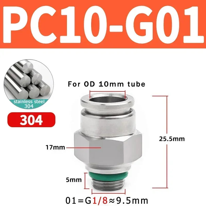 Stainless Steel PC-G Pneumatic Push-In Fitting, Straight Male G Thread Air Tube Connector for Air Compressor & Pneumatic Systems