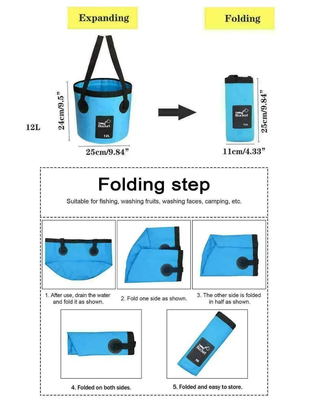 Portable Foldable Water Bucket Fishing Bucket Folding Water Container for Travelling Camping Hiking Fishing Washing Amagi