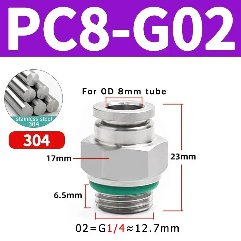 Stainless Steel PC-G Pneumatic Push-In Fitting, Straight Male G Thread Air Tube Connector for Air Compressor & Pneumatic Systems