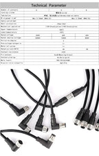 2m M12 Waterproof Sensor Cable, Male & Female Connector, 4/5/8/12 Pin, Integrated Injection Molded for Industrial Automation