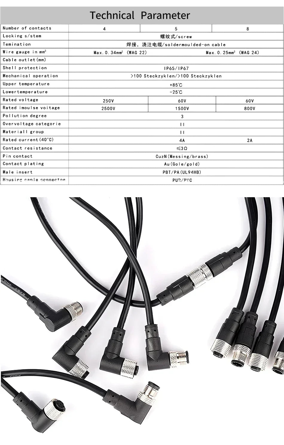 2m M12 Waterproof Sensor Cable, Male & Female Connector, 4/5/8/12 Pin, Integrated Injection Molded for Industrial Automation