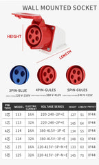 5Pcs Industrial Plug and Socket Waterproof Connector 3PIN 4PIN 5PIN 16A/32A  Waterproof Electrical Connection Wall Mount Socket