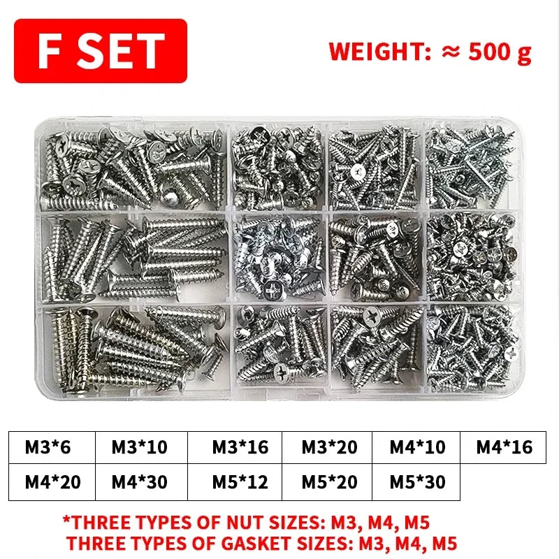 M3-M6 Phillips Pan Head Self-Tapping Screw Assortment Kit with Nuts & Washers - Stainless Steel Fastener Set for DIY/Machinery