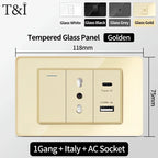 118-Style EU/CL Dual Socket with USB-C PD 20W - Tempered Glass Italy & Chile Outlet for Home/Office