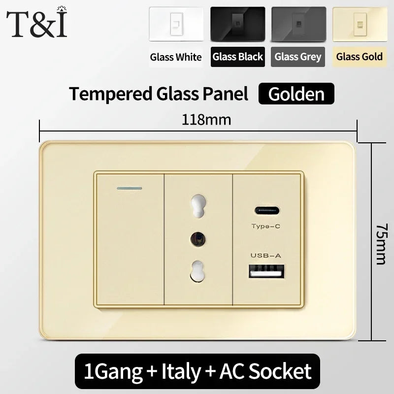 118-Style EU/CL Dual Socket with USB-C PD 20W - Tempered Glass Italy & Chile Outlet for Home/Office