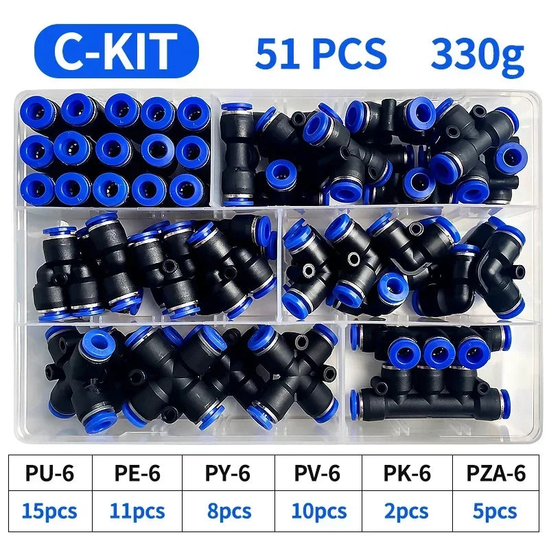 Boxed 51 PCs PU-6/PE-6/PZA-6/PY-6/PV-6/PG-6/PK-6 Pneumatic Fitting Kit 6mm Outer Diameter of the Hose Pipe Tube Air Connectors