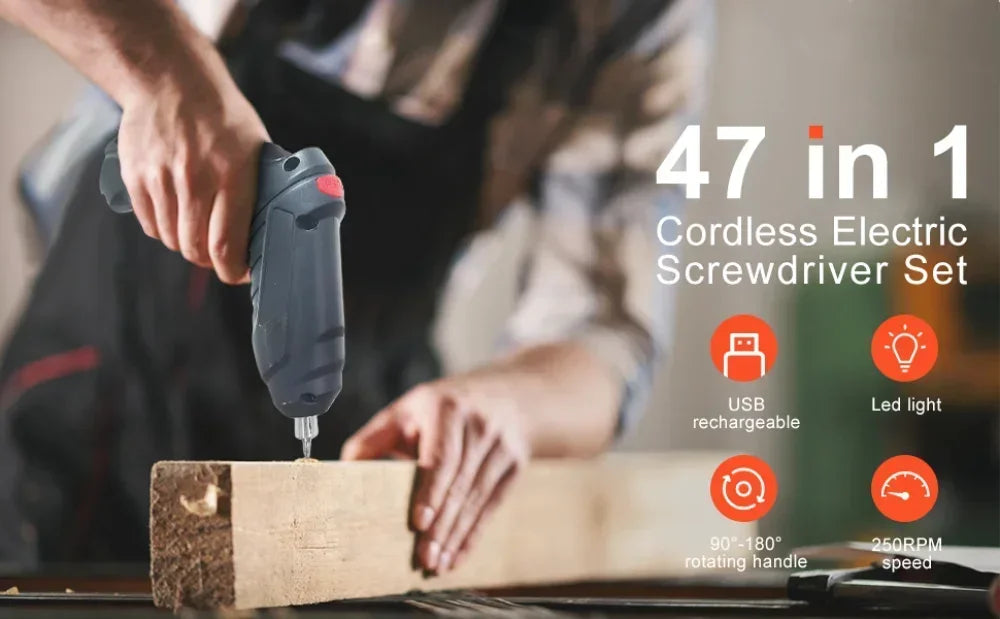 47-Piece Cordless Electric Screwdriver Kit with LED Light, Rechargeable Multifunctional Drill Driver for Home Projects