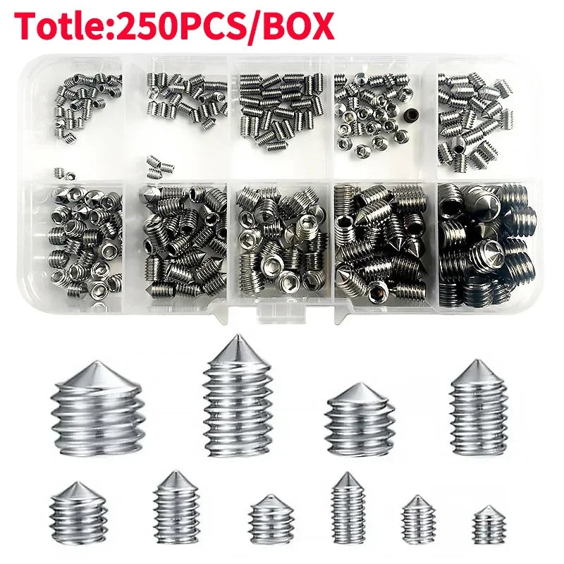 250Pcs/Box M3/M4/M5/M6/M8 Stainless Steel Allen Head Socket Hex Set Grub Screw Assortment Cup Point Set Screws With Plastic Box