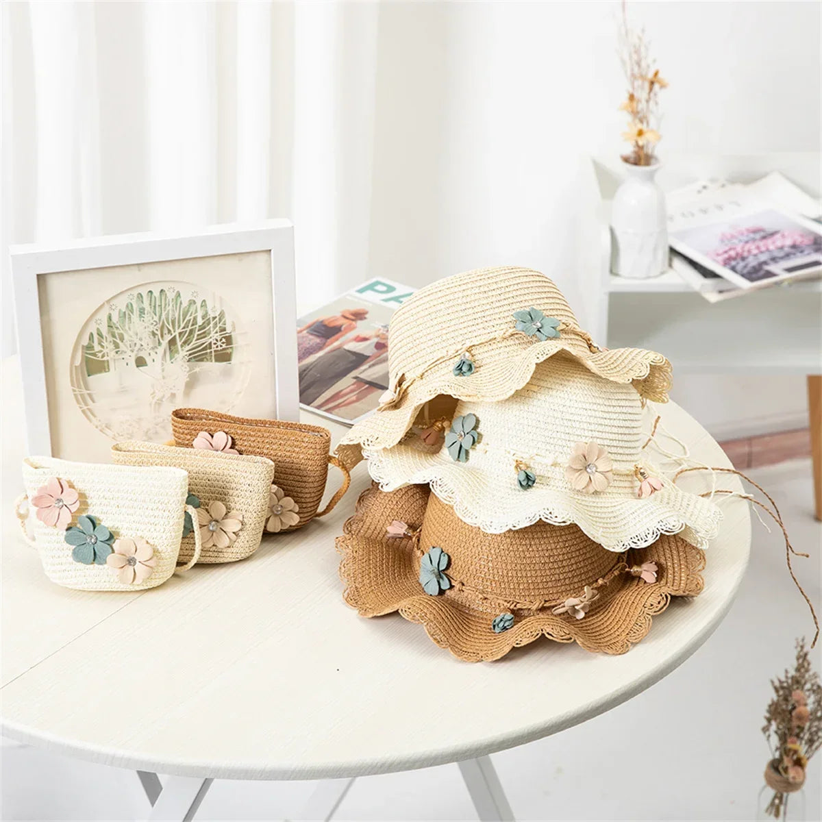 Girls' Straw Hat Bag Matching Travel Sun Hat Flower Children's Sun Hat Outdoor Fashion Fisherman Hat Sunscreen Hat Amagi