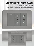 Stainless Steel Wall Socket 118x75mm Italian-Style with USB-C & Schuko Chilean Plug - Brushed Finish for Home/Office