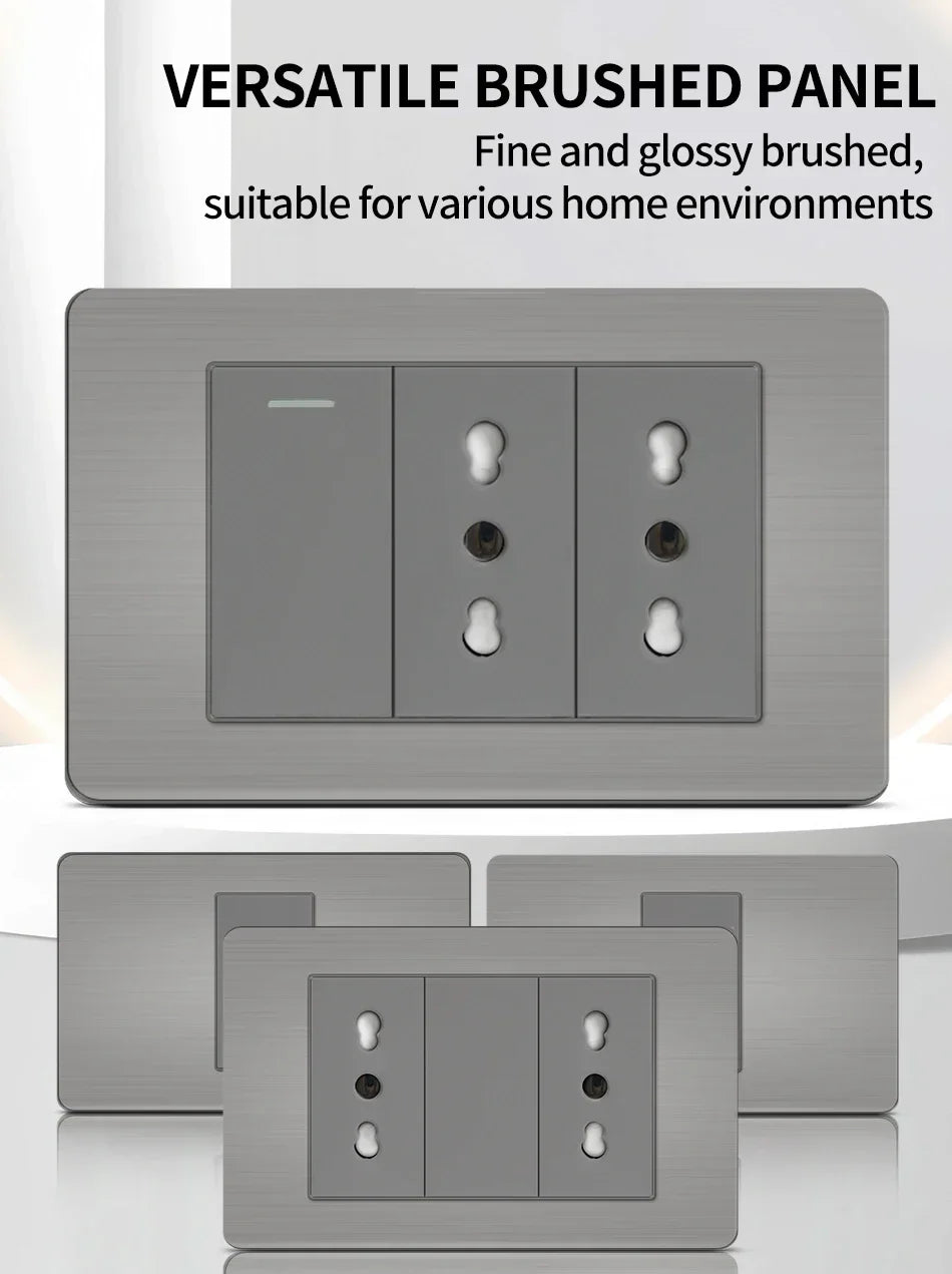 Stainless Steel Wall Socket 118x75mm Italian-Style with USB-C & Schuko Chilean Plug - Brushed Finish for Home/Office