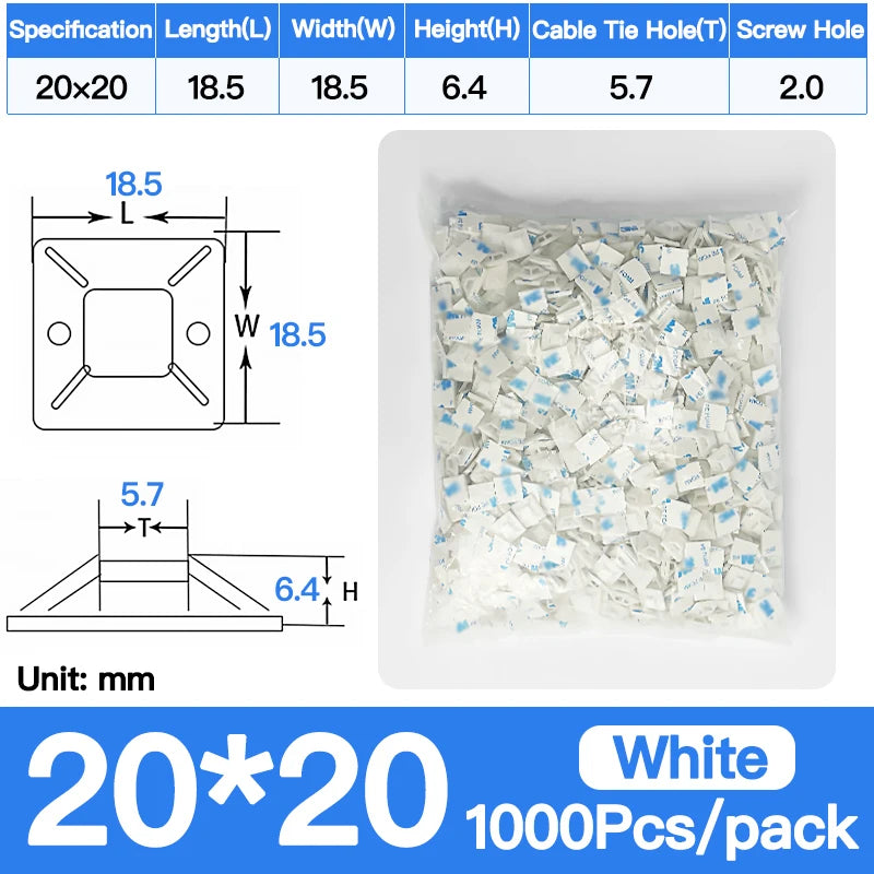 250/500/1000PCS Self-Adhesive Cable Tie Mounts, Strong Sticky Base Wire Holder Clips for Wall Fixing, Cable Routing Management