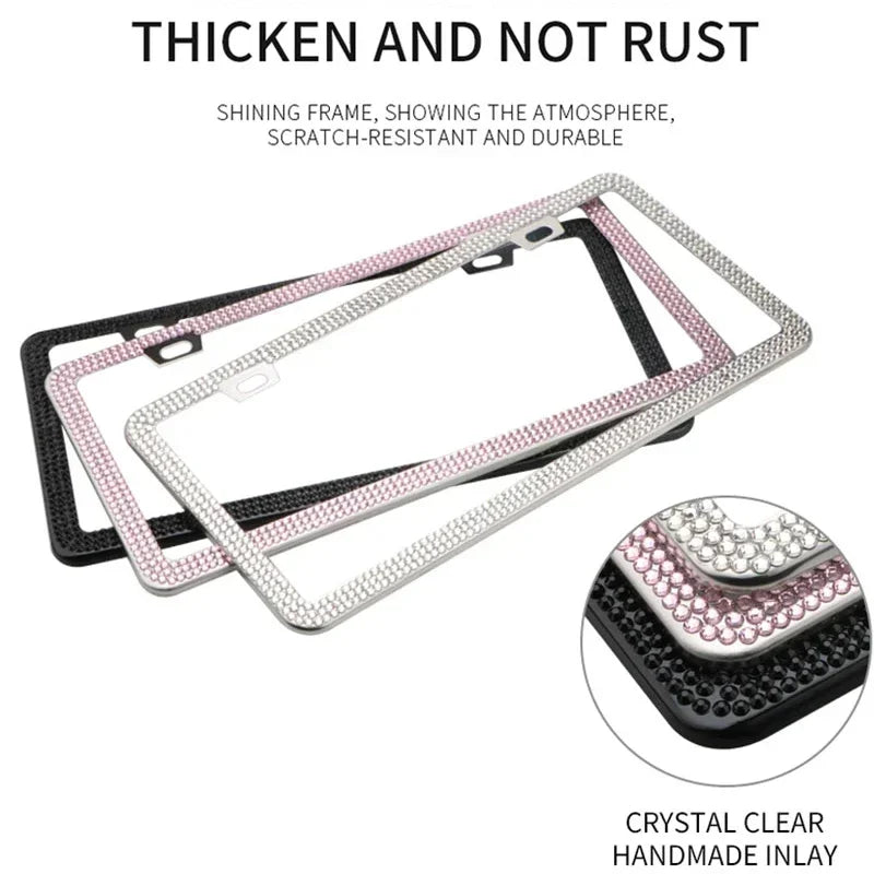 Bling Crystal License Plate Frame Luxury Car Frame Plate with Button Diamond Car License Plate Frame Cover for Women-2 Pack