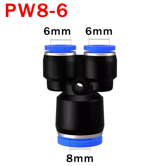10pcs Y-Type Pneumatic Tee Fittings PY4-PY16 (4-16mm OD) - Push-In Quick Connect for Air/Water Hose, Blue Nylon & Brass