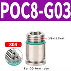 304 Stainless Steel Pneumatic Push-In Fitting POC-G, Internal Hex Quick Connector for Air and Gas Pipe Systems