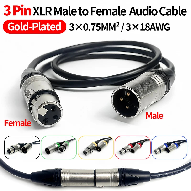 Gold-Plated 3-Pin XLR Male to Female Microphone Cable 1M–10M, 3×0.75mm² Pure Copper Balanced Audio Cord for Mixer, Speaker,Stage