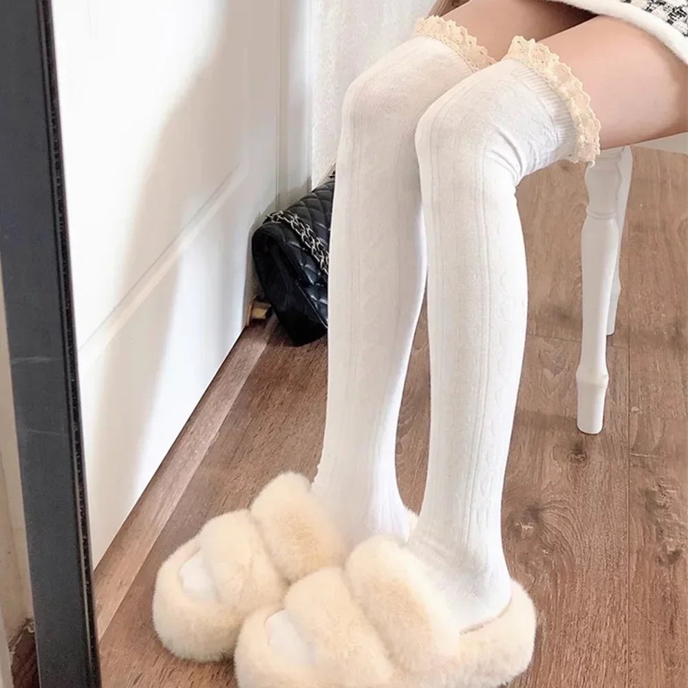 Sweet Lace Thigh High Socks Japanese Style Knitted Long Socks JK Lolita Black White Stockings Women Girls Amagi