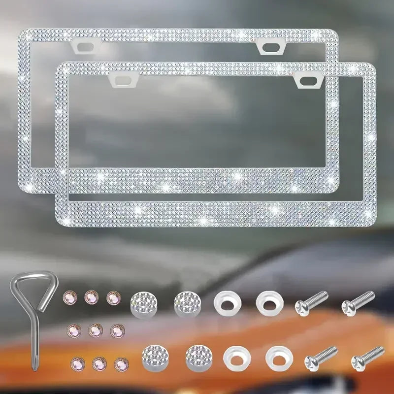 Bling Crystal License Plate Frame Luxury Car Frame Plate with Button Diamond Car License Plate Frame Cover for Women-2 Pack