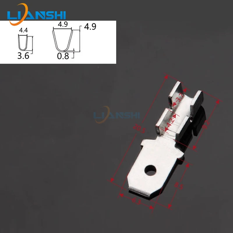 100pcs 6.3 male connectors, 0.8mm thick, 250 male terminals, brass tin-plated