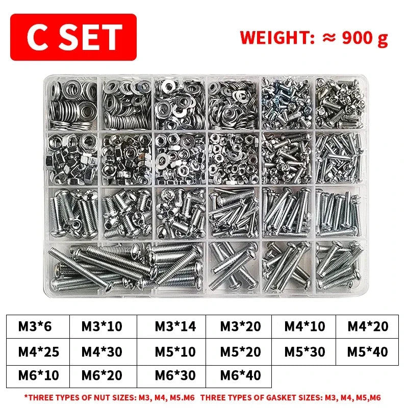 M3-M6 Phillips Pan Head Self-Tapping Screw Assortment Kit with Nuts & Washers - Stainless Steel Fastener Set for DIY/Machinery