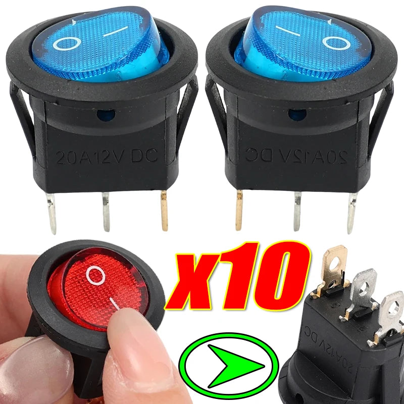 Round Boat Rocker Switch with LED On/Off 3-Pin 2-Position Snap 20A 12V Red LED for Marine Motorcycle Switches DIY Replacement