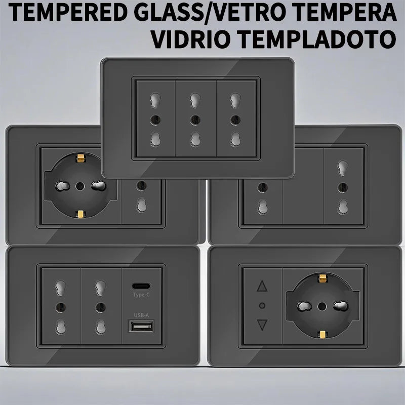 T&I Wall Switch Sockets with USB-C Fast Charging - Italy Socket, Chile Schuko Outlet & Tempered Glass Panel for Home Use