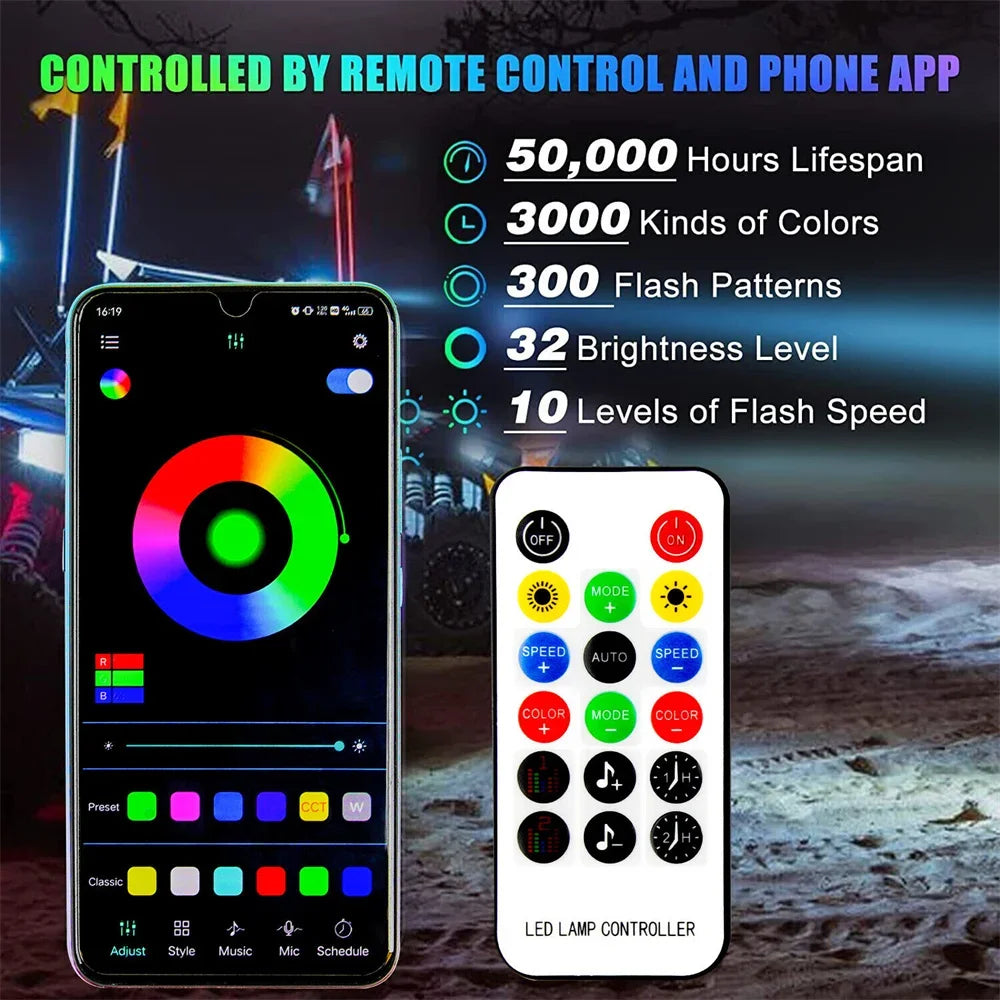 3FT Spiral Whip Lights Remote Control Turn Signal Brake Function Dream-Color Dancing For UTV RZR Can-Am SxS Sand Dune Buggy Truc