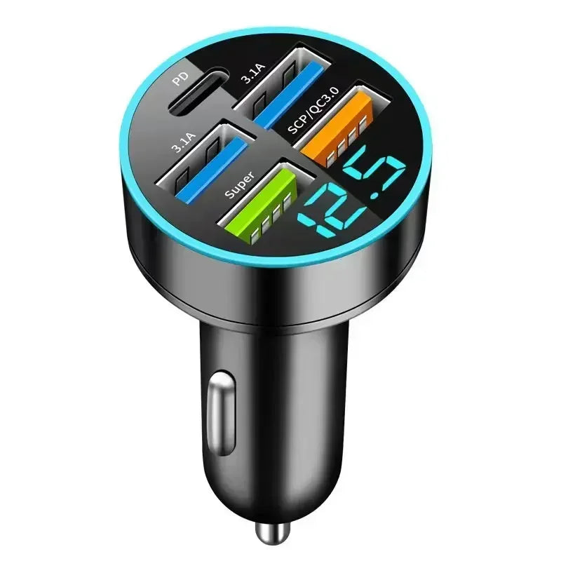 200W Car Charger 6 Ports Fast Charging with Digital Display PD QC3.0 USB C Quick Charging Adapter for IPhone Samsung Xiaomi Amag