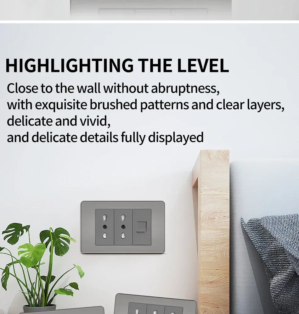 Stainless Steel Wall Socket 118x75mm Italian-Style with USB-C & Schuko Chilean Plug - Brushed Finish for Home/Office