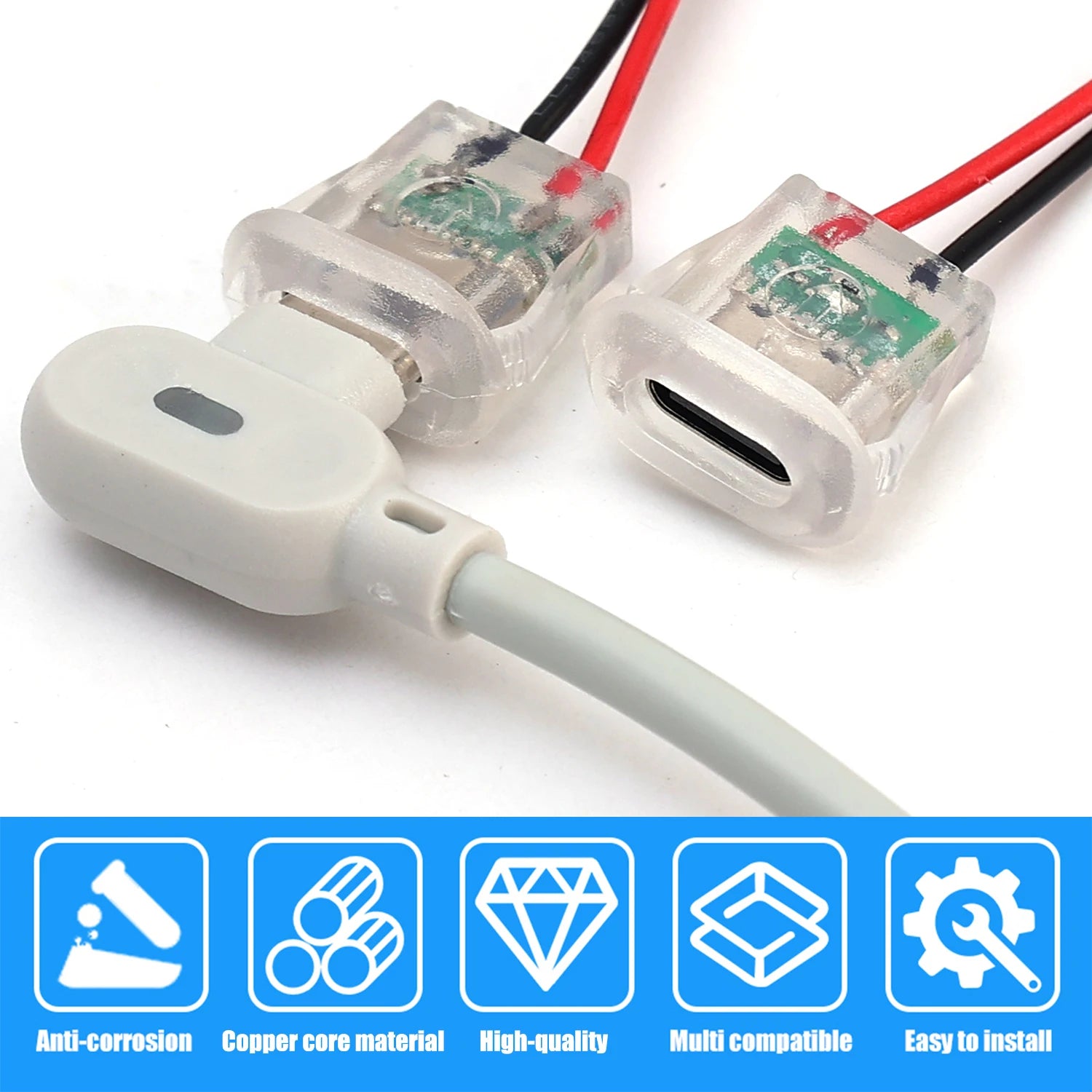 Snap in Panel Mount Type C Female Socket Waterproof C Jack 2 Pin Bare Wire Pigtail 5V 3A Power Charger Port for Car Truck DIY