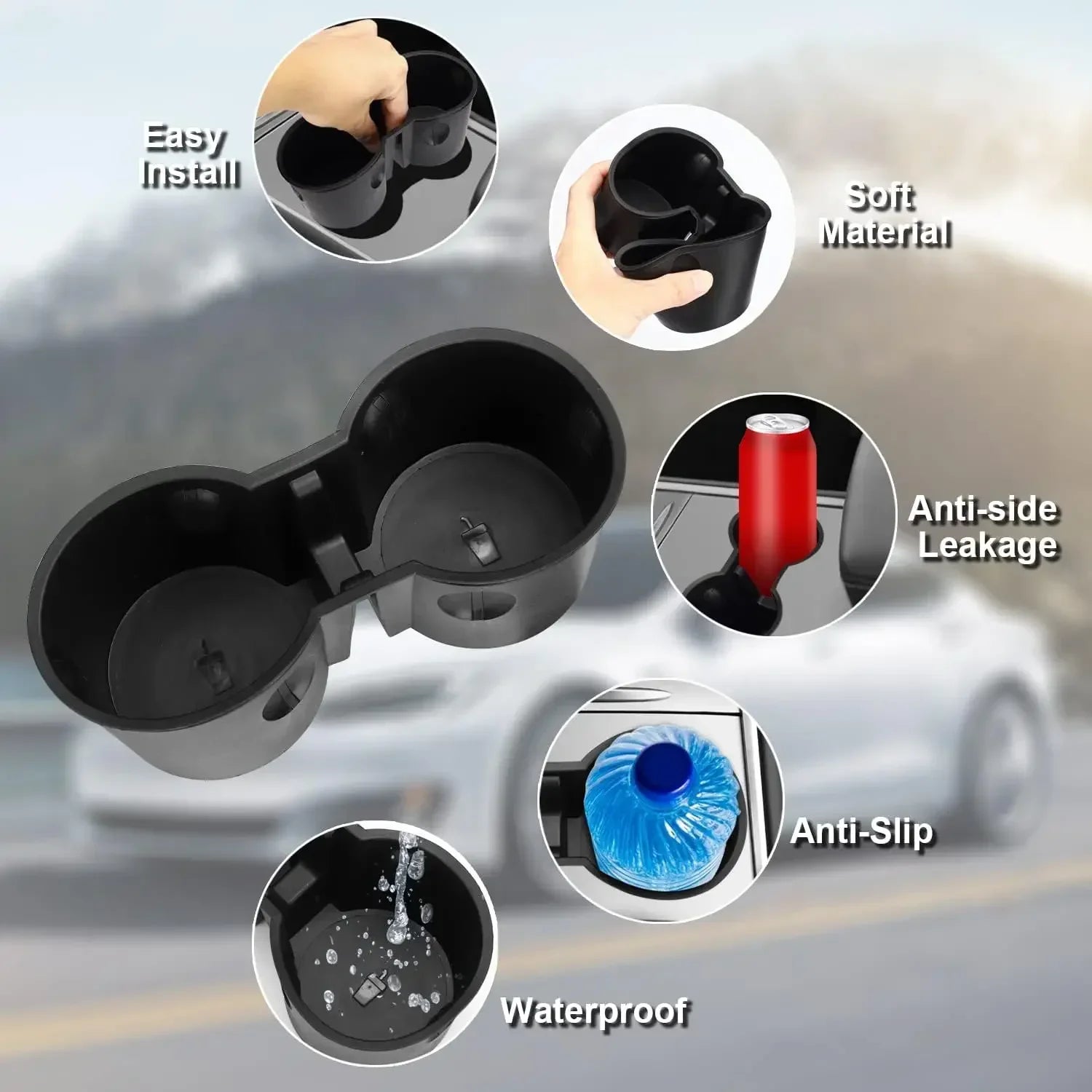 For Tesla Model 3/Y Center Console Water Cup Holder Limiter Premium TPE Sleeve Pad with Storage Function Upgrade Your Car Amagi